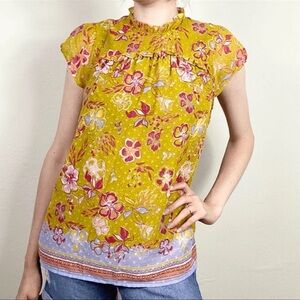 Joie Yellow Pink Ruffled Cap Sleeve Blouse